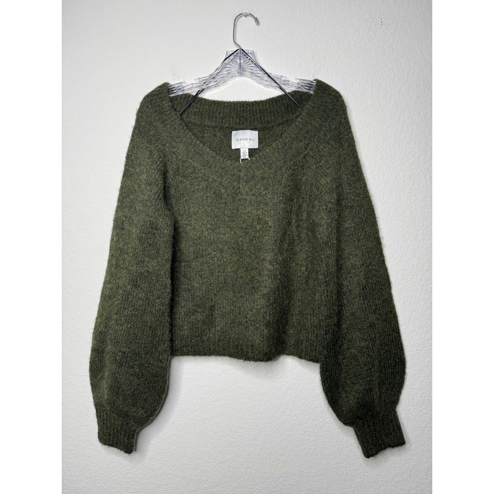 Jason Wu Womens Olive Green Wool Blend‎ V-Neck Balloon Sleeve Fuzzy Sweater L